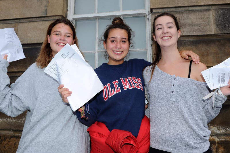 Left to right, King Edward VII students Megan Newell-Price, Mary Megan McCarthy and Charlotte Jeffs celebrate getting their A-level results in August 2017