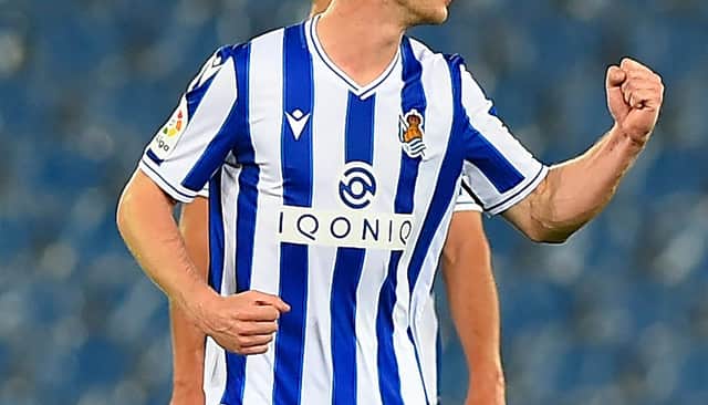 Real Sociedad's blue and white Macron kit. (Photo by ANDER GILLENEA/AFP via Getty Images)