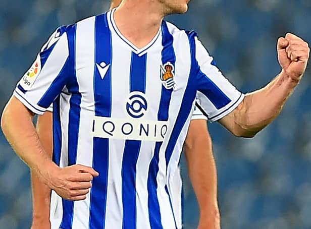 Real Sociedad's blue and white Macron kit. (Photo by ANDER GILLENEA/AFP via Getty Images)