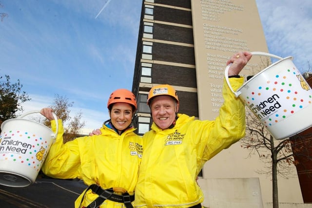 Look North presenters Harry Gration and Amy Garcia abseiled down Sheffield Hallam University’s Owen Building for Children in Need in 2017.