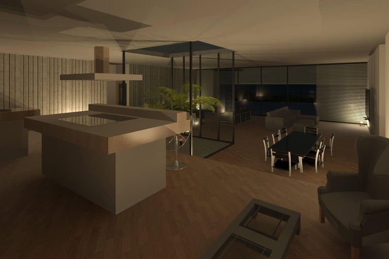 The current design for the underground house features a spacious open-plan living area that would include a kitchen, dining area, lounge and family area with one-way glass bi-folding or sliding doors out into the garden.