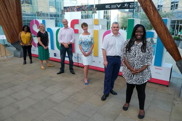 Sheffield's first African-Caribbean market is organised by Adira, in partnership with Sheffield City Council, Sheffield Property Association, Sheffield Business Together, amongst others. Pictured in Sheffield Winter Gardens are (L-R): Ruth McDonald, Kate Josephs, Richard Eyre, Karen Hill, Martin McKervey and Ursula Myrie.