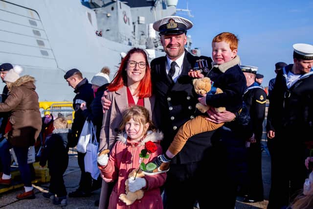 Steph Leonard with husband Lt Cdr Tom Leonard and their children Penny, seven, and Sebby, four, at HMS Diamond's homecoming.

Picture: Habibur Rahman