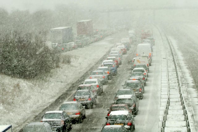 Traffic at a standstill as snow falls on the A19 at Sheraton in 2007.