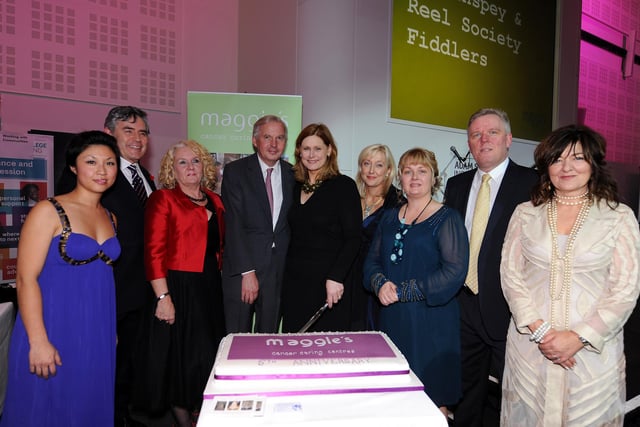 Maggie's Fife's fifth anniversary was marked with a major fundraising dinner. Pictured are Tu Edwards; Gordon Brown; Marilyn Livingstone, organising committee; Nigel Cayzer, chairman Maggie's; Sarah Brown, patron Cathy MacDonald, host; Tanya Scoon, organising committee,; Allan Crow, editor, Fife Free Press; Pamela Caira, organising committee