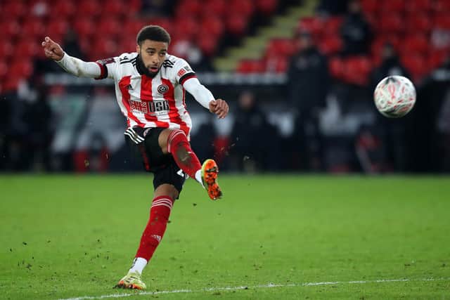 Jayden Bogle of Sheffield United fires in a shot during the FA Cup match at Bramall Lane, Sheffield. Simon Bellis/Sportimage