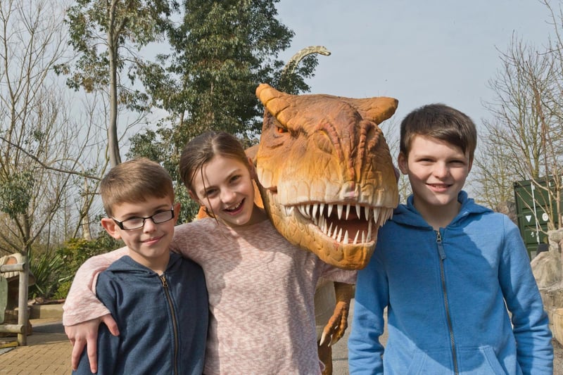 Youngsters meeting the dinosaurs at Gulliver's Kingdom, Matlock  in 2017