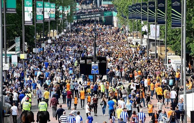 Sheffield Wednesday fans packed into Wembley Stadium four years ago today. (Photo by Mike Hewitt/Getty Images)