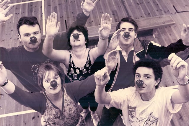 Fareham Young Conservatives, from left, Peter Hudson, Paula Finnegan, Emma-Jane Hughes, Richard Hemingway and Andrew Stratton-Brown taking part in the 12-hour red nose aerobics at Boundary Oak School, Fareham, in March 1993. The News PP77