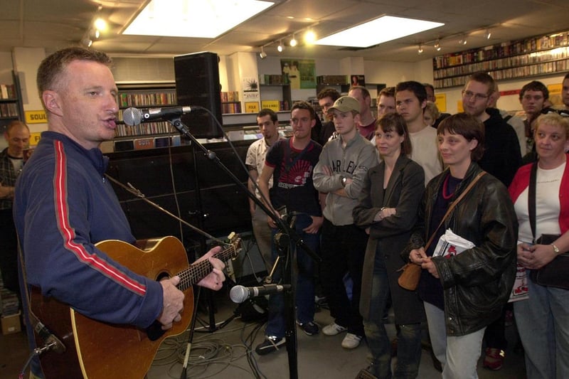 Singer, songwriter and activist, Billy Bragg, sings 'Take Down the Union Jack' at Record Collector, Broomhill, May 21, 2002
