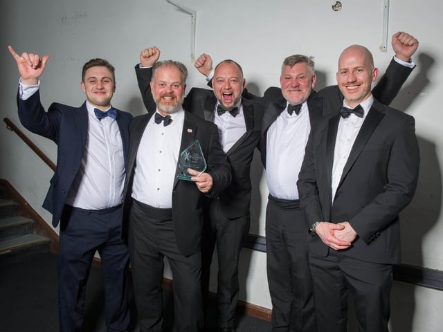 Vince Noyce, Giles Callaghan,Josh Callaghan and Dich Oatley of The Portsmouth Distillery win Start-Up Business of the Year presented by Christopher Worrall.