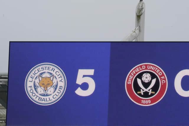 The scoreboard showing Leicester's  5-0 win during the Premier League match at the King Power Stadium, Leicester. Picture date: 14th March 2021. Picture credit should read: Andrew Yates/Sportimage