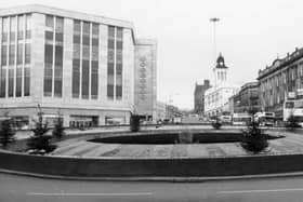 The Hole in the Road at Castle Square in Sheffield city centre, with Rackhams department store, as it was then, on the left in December 1985