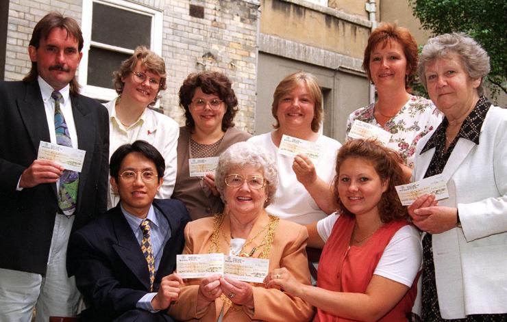 Mayor Layton hands out cheques from the South Yorkshire Community Foundation in 1996.