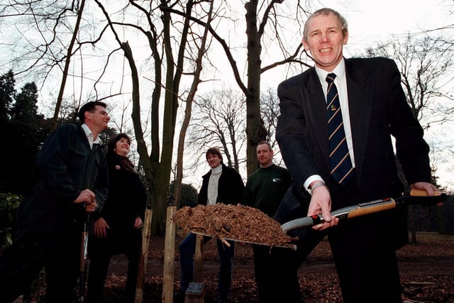 Deputy Chief Executive of the British Association of Landscape Industries (BALI), Mike Hart (right) pictured during a planting of a 15ft Weeping Lime Tree at Brodsworth Hall as part of BALI's 25th Anniversary in 1998. Also pictured L-R Paul Hopewell (Hall gardner), Ann Cooper (Axholme Landscapes), Martin Coss (English Heritage Horticultural Officer), David Cooper (Axholme Landscapes).