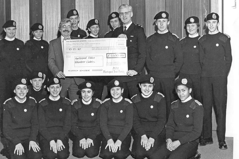 Task Force chief Brian Pollard left, presents a cheque to Chief Supt Bob Scott, Hartlepool divisional commander, surrounded by Hartlepool police cadets.  But who can tell us more about this 1980s scene?