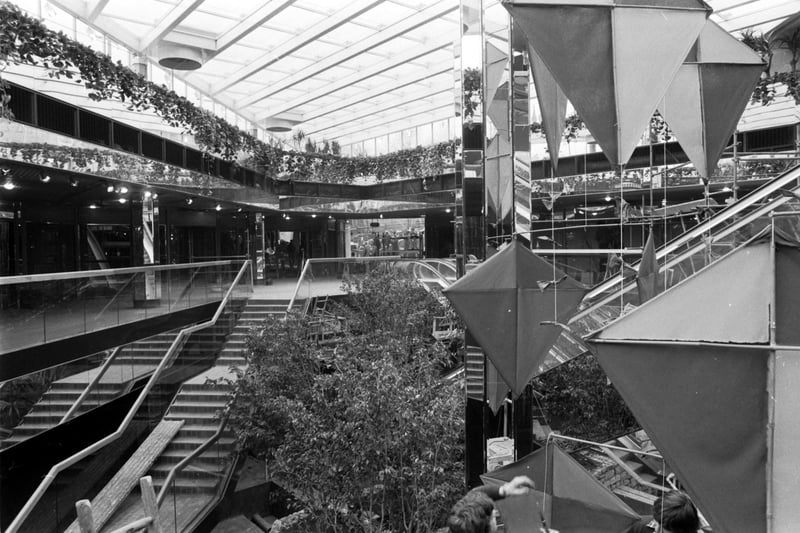 Interior the new Waverley Market on Edinburgh's Princes Street, showing the escalators and glass lift, November 1984