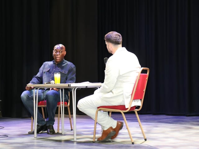 Frank Bruno on stage with presenter Ryan Swain last Saturday in Dereham, Norfolk.