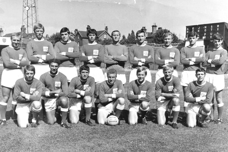 Chesterfield FC team pictured on 30th July 1970
l-r: David Pugh, Peter Foley, Kevin Randall, John Archer (Captain) Roy Hickton, Geoff Martin and Tony Moore bl-r: Albert Holmes, Charlie Bell, Ernie Moss, Mrtin Wright, Alan Humphries, Albert Phelan, John Lumsden, Tommy Fenoughty and John Moyse.
