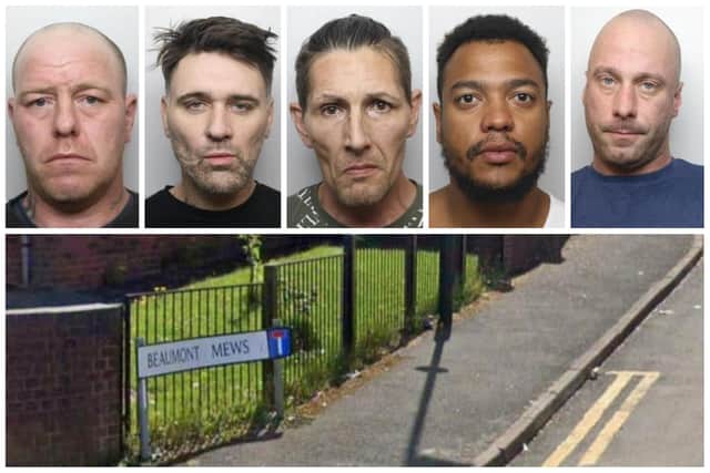 Top left to right: Gareth Houldon; Mark Smith; John Smedley; Luke Duncan and James Roberts have all been jailed for their involvement in a 'revenge' shooting carried out at Houldon's property in Beaumont Mews, Manor