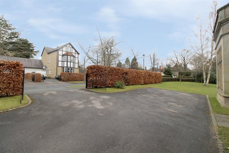 To the front of the property are double-opening, wrought iron gates leading to a good-sized driveway with ample parking and turning areas.