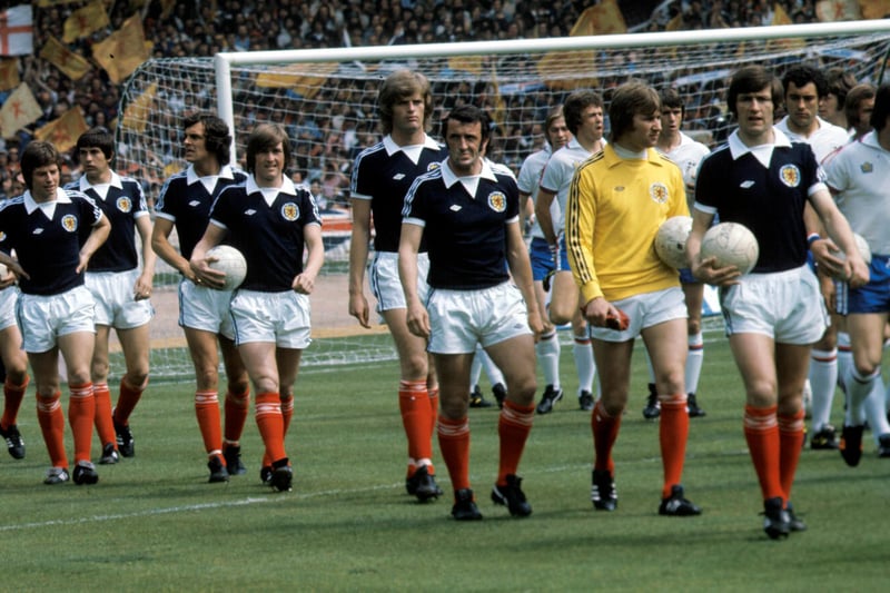 The teams emerge from the tunnel at Wembley in June 1977 - so far, Scotland's only Wembley victory in June...
