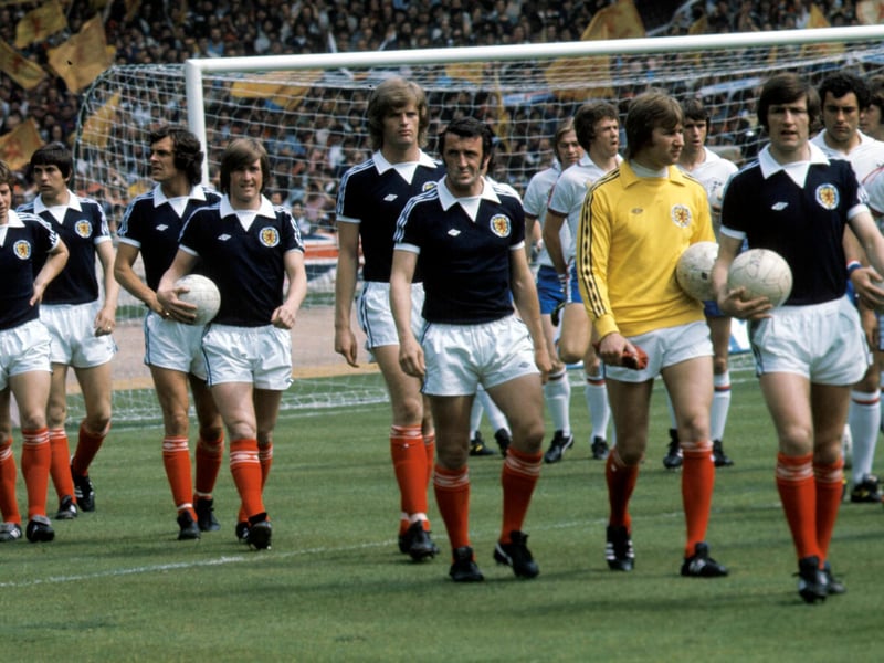 The teams emerge from the tunnel at Wembley in June 1977 - so far, Scotland's only Wembley victory in June...
