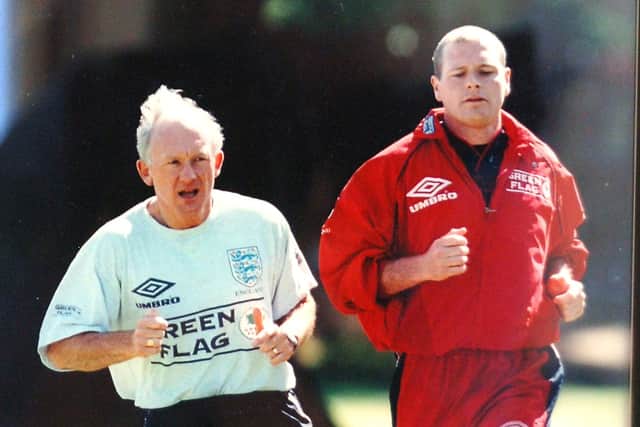 Former England team physio Alan Smith with Euro 96 man of the moment Paul Gascoigne.