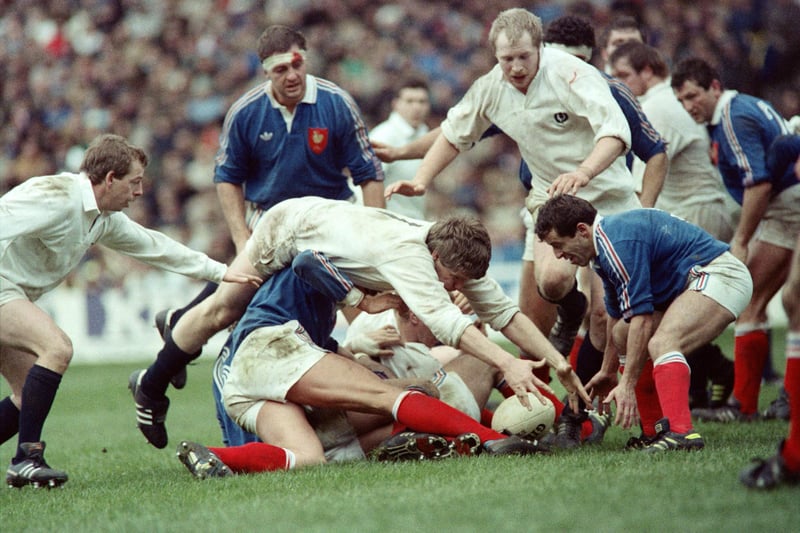 February 6, 1988: Scotland 23, France 12, Five Nations
Scottish players including David Sole tackling France's Eric Champ and Pierre Berbizier at Murrayfield (Photo by Jean-Loup Gautreau and Patrick Hertzog/AFP via Getty Images)