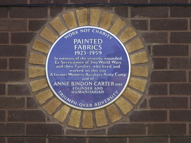 Painted fabrics, the camp set up for disabled ex-servicemen was officially recognised with a plaque unveiled by David Carter the great nephew of its founder Annie Bindon Carter OBE and the Mayor of Sheffield councillor Pat Midgeley at the former site on Little Norton Drive, Meadowhead which is now home to sheltered accomodation for the ederly.