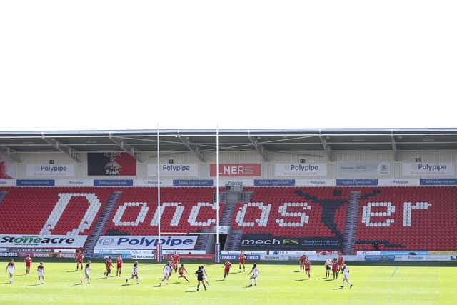 A general view of play during the Betfred Championship match between Sheffield Eagles and Bradford Bulls at Keepmoat Stadium on April 04, 2021 in Doncaster, England.Sporting stadiums around the UK remain under strict restrictions due to the Coronavirus Pandemic as Government social distancing laws prohibit fans inside venues resulting in games being played behind closed doors. (Photo by George Wood/Getty Images)