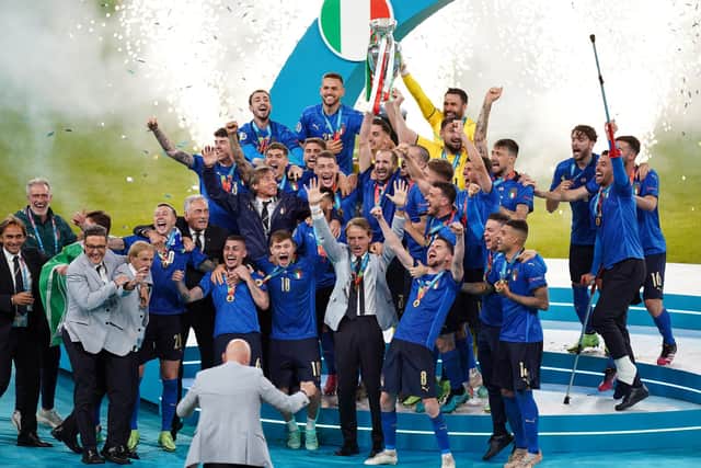 Italy Captain Giorgio Chiellini lifts the UEFA Euro 2020 Trophy following his sides victory over England in the UEFA Euro2020 Final at Wembley Stadium, London (Photo: PA)