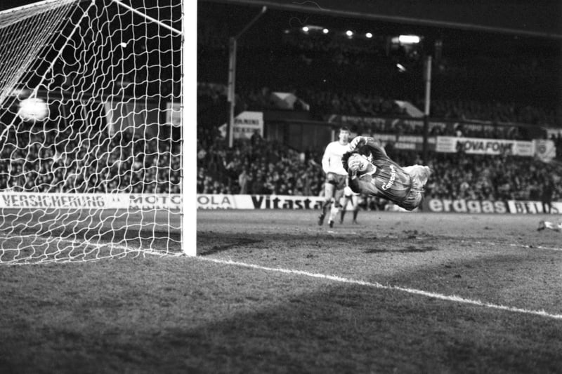 Bayern goalkeeper R Aumann stretches but can't keep the ball out of the net - Hearts score a goal in the Hearts v Bayern Munich firts leg UEFA Cup qualifier played at Tynecastle in February 1989. Final score 1-0 to Hearts.