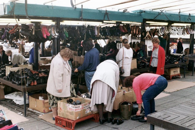 The popular Friday shoe sale at Sheffield's Setts Market in September 1993