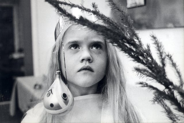 Emma Richards dressed as Archangel Gabriel for the Ecclesall Infants School Nativity Play. December 15, 1983