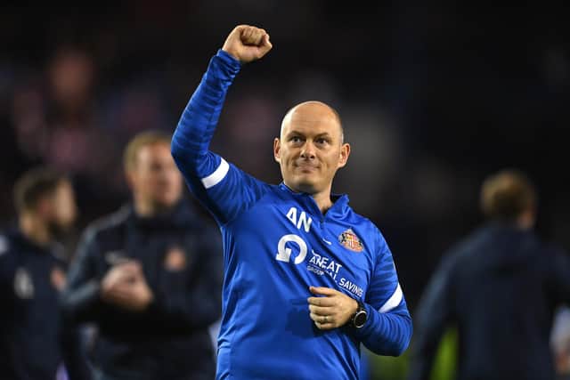 Sunderland manager Alex Neil celebrates victory at the end of the Sky Bet League One Play-Off Semi Final 2nd Leg match between Sheffield Wednesday and Sunderland at Hillsborough on May 09, 2022 in Sheffield, England. (Photo by Michael Regan/Getty Images)