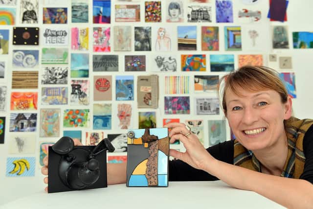 Karen Sherwood at the Cupola Gallerys Secret Postcard Show last year