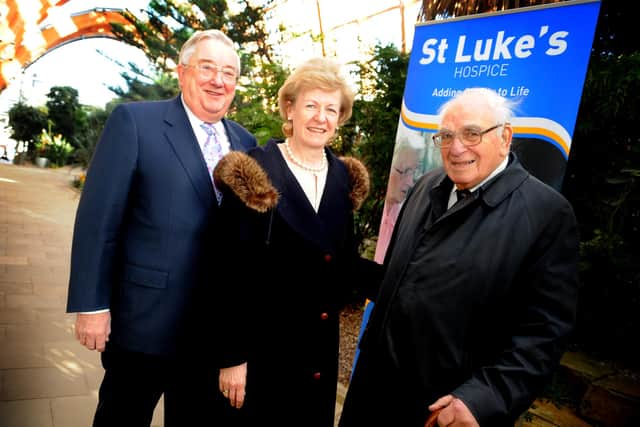 Pictured at the Winter Gardens for the launch of a St Luke's Hospice campaign in 2008 are Sir Norman Adsetts, Lady Neil and Eric Wilkes, founder of St Luke's