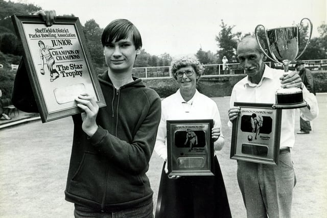 Champions Alan Hurt (junior winner), Hilda Barker and Bryan Ross, at the 'Champion of Champions' bowls tournament 1983.  Picture Sheffield Newspapers