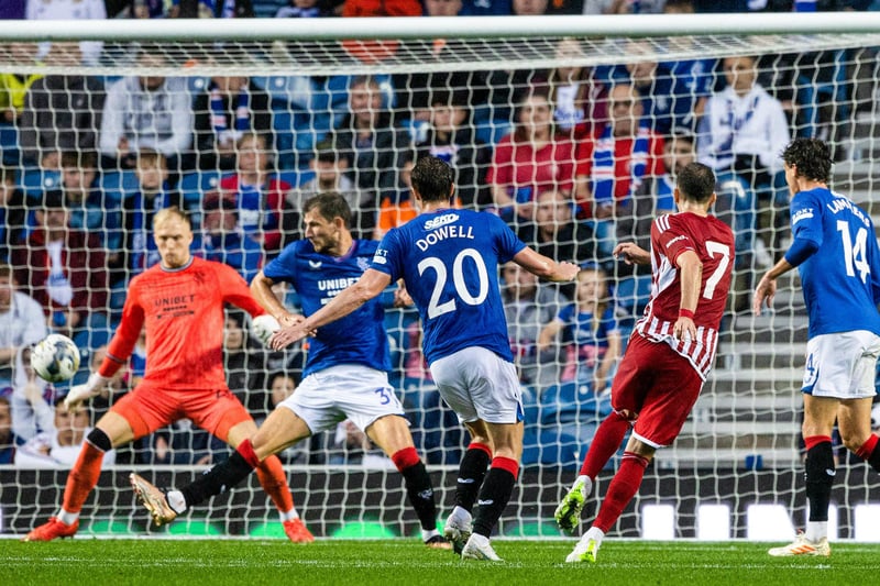 Olympiacos’ Konstantinos Fortounis opens the scoring after firing an effort past Robby McCrorie as the Greek club prevailed at Ibrox against Rangers.