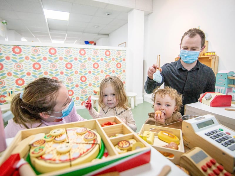 David and Mia Ward with daughters Nuala Ward, two, and Eadie, one and a half at Sweet Peas Play Cafe in Fareham. Picture: Habibur Rahman