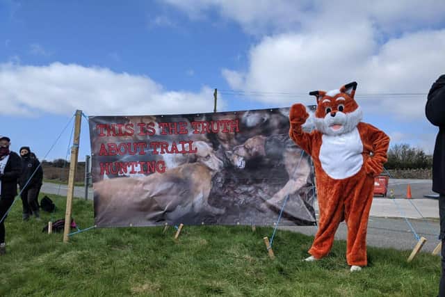 A demonstrator dressed in a fox suit post next to a banner showing a fox being savaged by hounds. Image: Locals Against The Barlow Hunt