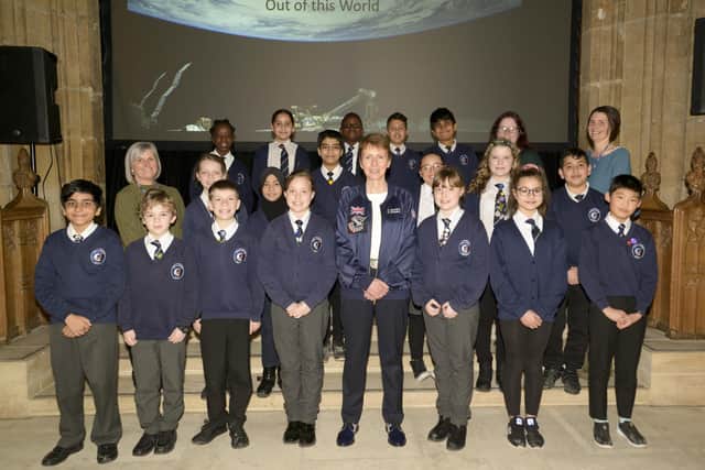 Astronaut Helen Sharman OBE talking to school children in Sheffield Cathedral