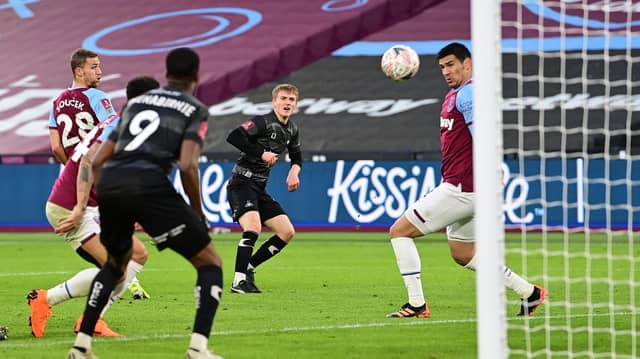 Matt Smith fires on goal against West Ham. Picture: Howard Roe/AHPIX