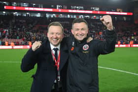 Stephen Bettis, Sheffield United CEO, and manager Paul Heckingbottom following Sheffield United's promotion: Simon Bellis / Sportimage