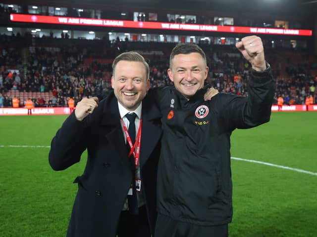 Stephen Bettis, Sheffield United CEO, and manager Paul Heckingbottom following Sheffield United's promotion: Simon Bellis / Sportimage