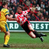 Sheffield United's Doug Hodgson fires the ball past Sunderland Richard Ord during his time at Bramall Lane