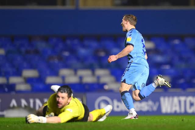 Jamie Allen fires home past Sheffield Wednesday goalkeeper Keiren Westwood to seal a 2-0 win for Coventry City at St Andrew's this evening. (Photo by Clive Mason/Getty Images)