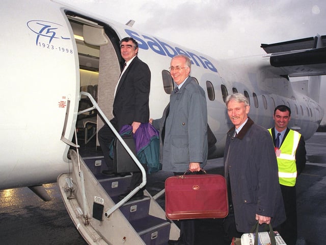 The first passengers board the new Sabena service from Sheffield City Airport