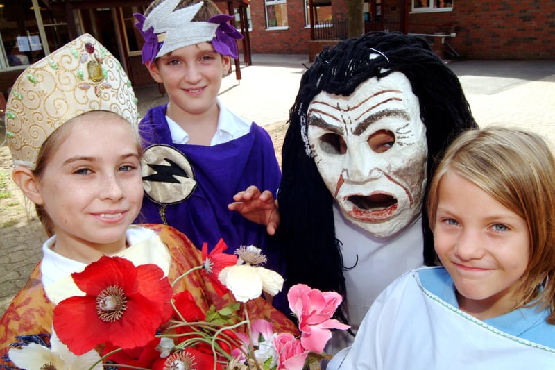 St Edmund's Primary School pupils take part in a Greek Theatre Day and pictured, from left, are Shannon McDonald as Hera, Jaidon Brazier as Zeus, Ashley Clay as a Greek Theatre Face and Amber Mackay as an orchestra member.
